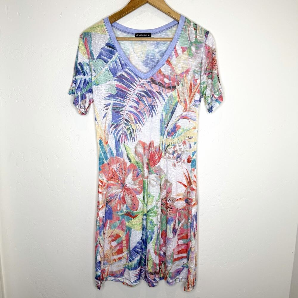 David Cline Pastel Tropical V Neck Shift Dress Womens Medium Sheer